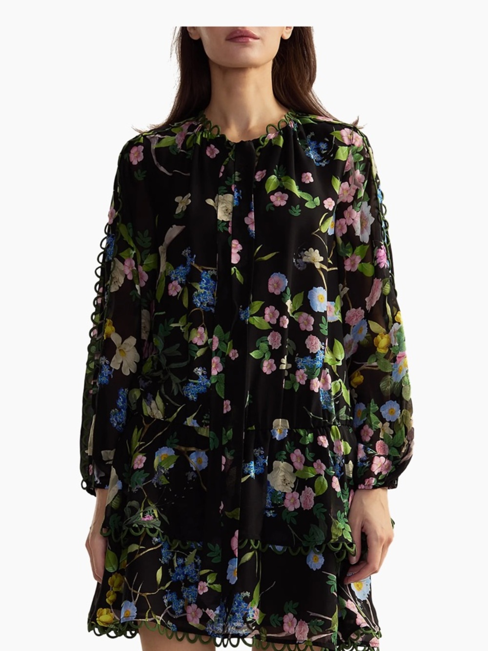 Cynthia Rowley Collection 100% Silk Floral Tiered Mini Dress Tie Neck Black M-L